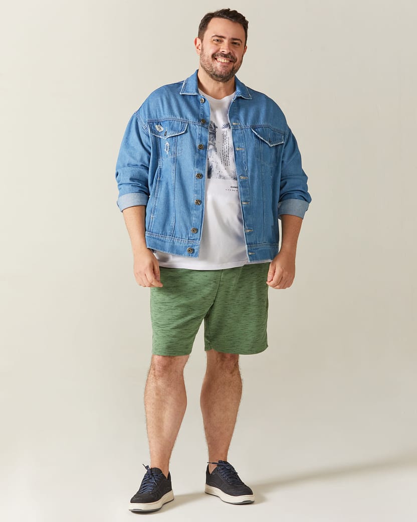 Bermuda Masculina Plus Size Slim Em Moletinho Rajado