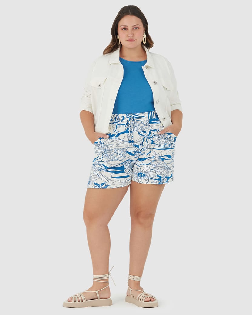 Shorts Feminino Plus Size Floral Em Viscose Stretch