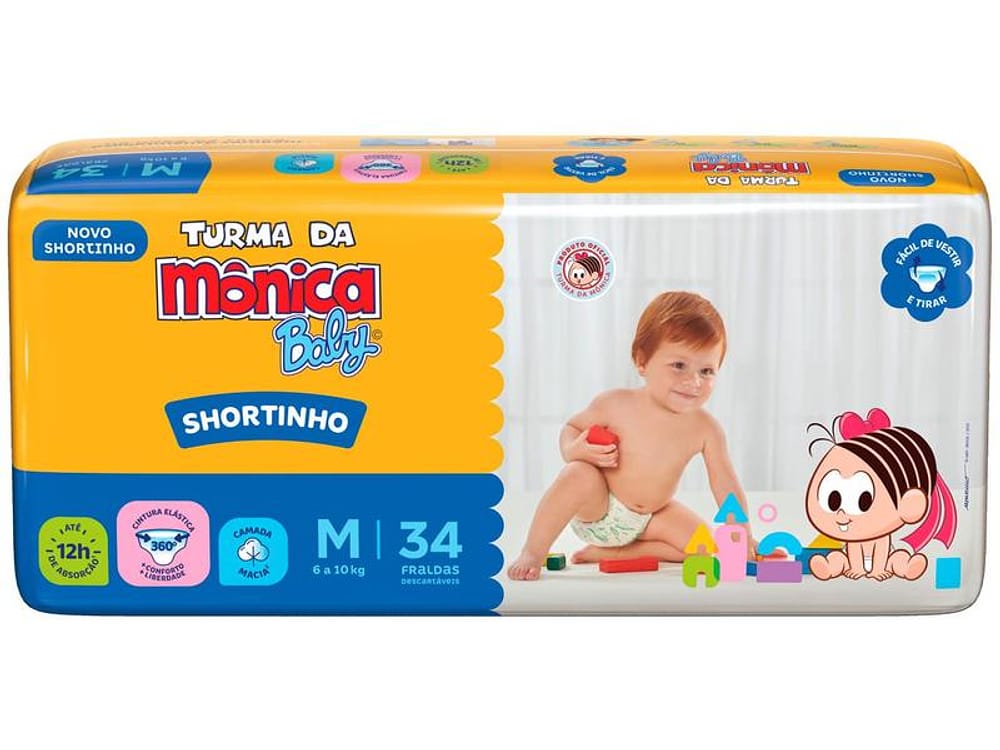 Fralda Shortinho Turma da Monica Baby Tam. M 6 a 10kg 34 Unidades