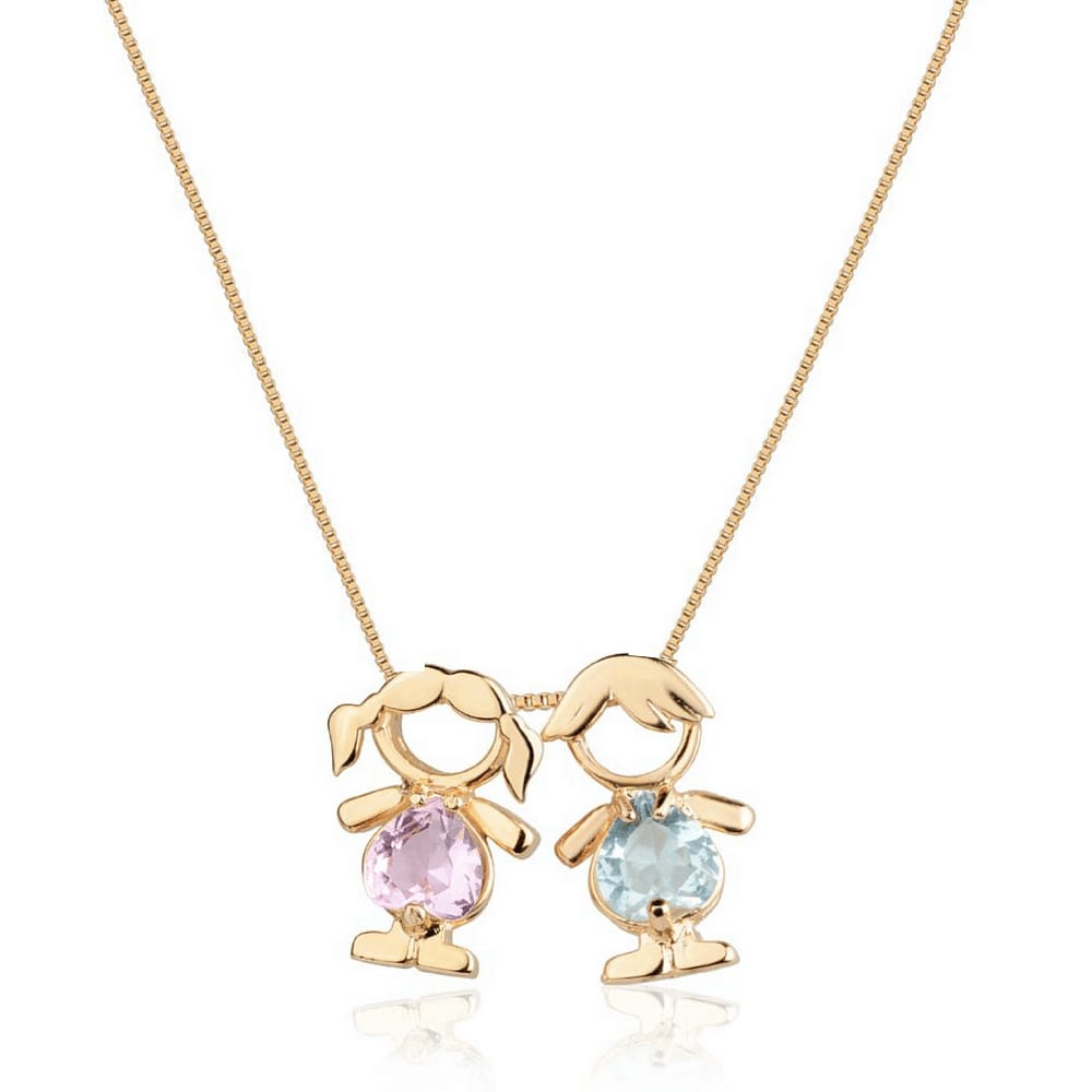 Colar com pingente de casal de Filhos menino e menina com cristal azul e rosa banhado em ouro 18k cordão mãe