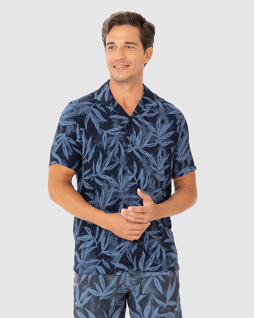 Camisa Masculina Manga Curta Estampa Folhagem Em Viscose