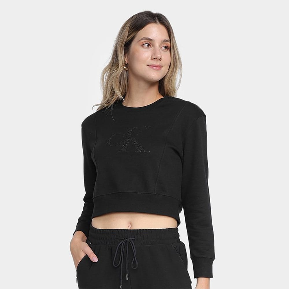 Blusa Moletom Cropped Calvin Klein Relevo Pino Feminina