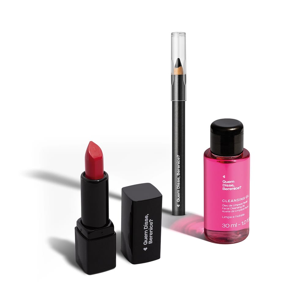 Combo Mini Make Básica: Batom Vermelho 1,6g + Lápis de Olhos Preto 600mg + Óleo de Limpeza Facial 30ml