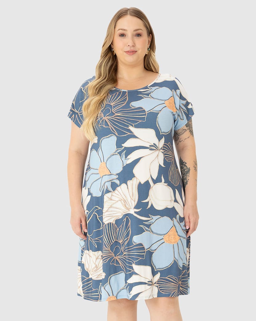 Vestido Feminino Plus Size Evasê Floral Em Viscose Stretch