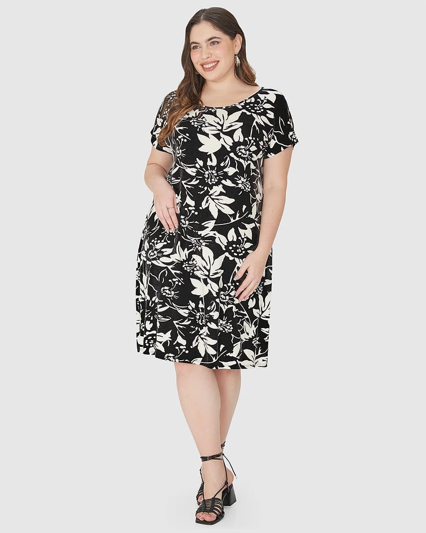 Vestido Feminino Plus Size Evasê Geométrico Em Viscose Stretch